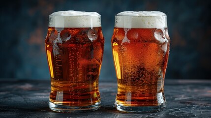 Two chilled glasses of amber beer with creamy foam sit on a rustic dark table