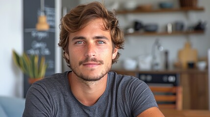 Obraz premium A young man with wavy hair sits at a kitchen table, exuding calm and confidence