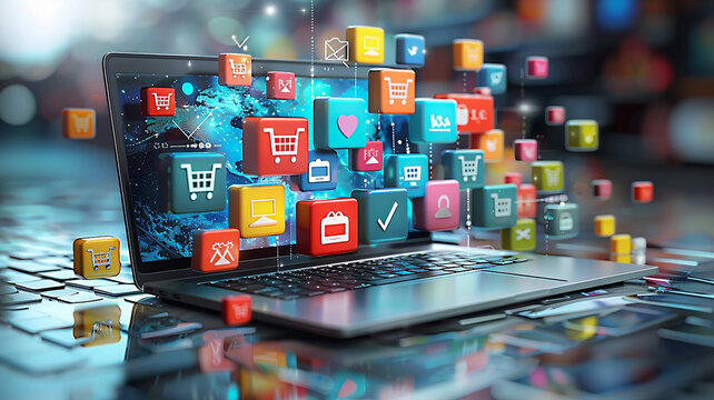 High resolution laptop with emerging 3D product icons, symbolizing digital marketing