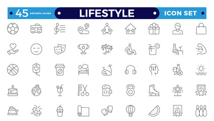 Lifestyle icon set. Containing healthy lifestyle, diet, exercise, sleep, relationships, running, routine, self-care, culture and hobbies icons. Editable stroke outline icon.