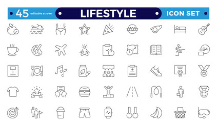 Lifestyle icon set. Containing healthy lifestyle, diet, exercise, sleep, relationships, running, routine, self-care, culture and hobbies icons. Editable stroke outline icon.