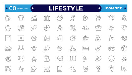 Lifestyle icon set. Containing healthy lifestyle, diet, exercise, sleep, relationships, running, routine, self-care, culture and hobbies icons. Editable stroke outline icon.