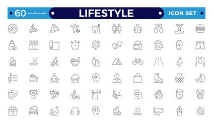 Lifestyle icon set. Containing healthy lifestyle, diet, exercise, sleep, relationships, running, routine, self-care, culture and hobbies icons. Editable stroke outline icon.