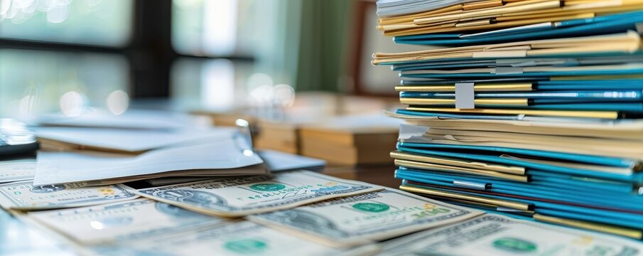 An organized workspace featuring stacked papers and scattered cash, ideal for depicting finance or office concepts.