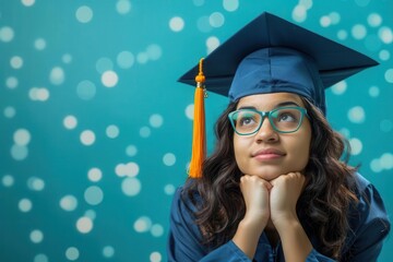A graduate in cap and gown looking upwards, embodying dreams and aspirations, set against a vibrant bokeh background.