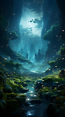 Fototapeta premium A magical, mystical forest with a stream flowing through it, surrounded by lush greenery and glowing, floating orbs in the sky.