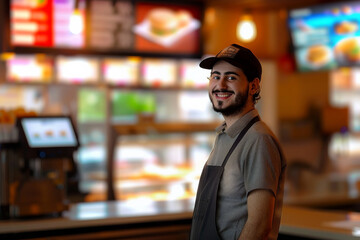 Great customer service in a Fast food restaurant busy hours with customers and workers, waitress and customer service men and women attending customers with smiles, serving food and taking orders