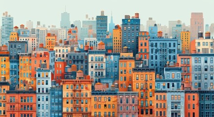 A flat illustration of the cityscape made up entirely of buildings with windows, featuring shades of orange and blue.