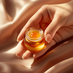 Female hands holding jar of cream on satin background closeup
