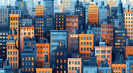 Obraz premium A flat illustration of the cityscape made up entirely of buildings with windows, featuring shades of orange and blue.