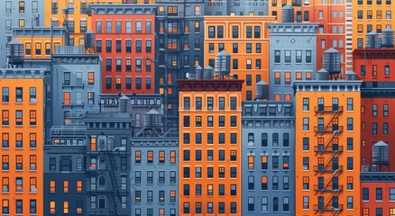 Obraz premium A flat illustration of the cityscape made up entirely of buildings with windows, featuring shades of orange and blue.