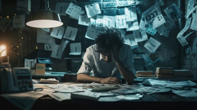 Stressed worker in a cluttered office, surrounded by papers and documents, depicting intense pressure and deadline anxiety.