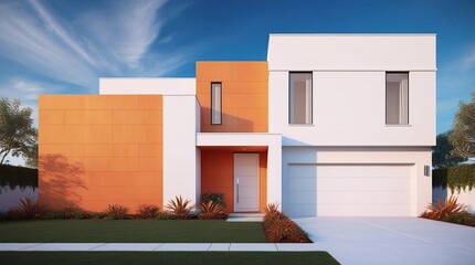 A serene and inviting exterior of a two-story house embodies a minimalist concept, where a harmonious balance of warm orange hues and crisp white tones creates a sense of comfort and tranquility