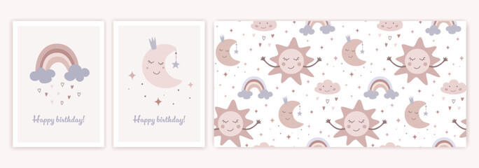 Childrens birthday party elements set. Cute greeting card and seamless pattern in flat trendy style. Vector illustration of rainbow, moon and sun in cartoon design.
