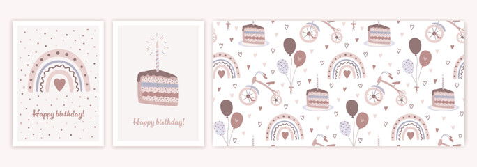 Childrens birthday party elements set. Cute greeting card and seamless pattern in flat trendy style. Vector illustration of rainbow, cake, tricycle, balloons in cartoon design.
