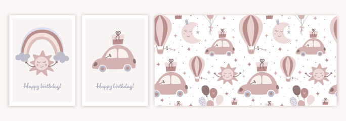 Childrens birthday party elements set. Cute greeting card and seamless pattern in flat trendy style. Vector illustration of sun, rainbow and car in cartoon design.
