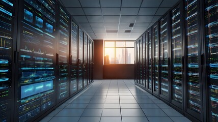 Data analysis concept. Data Analysis for website, mobile website. Big data flow processing concept, cloud database, web hosting, server room. Cloud storage, digital service app with data transfering