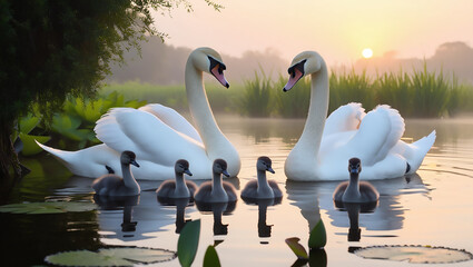 Graceful Swan Family in a Pond