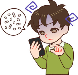 スマホを持ち画面を見て薬を調べる子供のイラスト