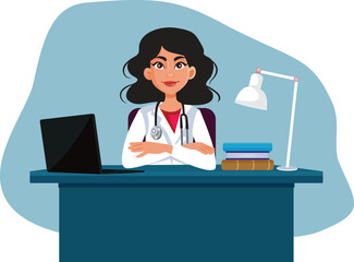 Female Doctor Sitting at her Desk Vector Illustration. Medical specialist waiting for a patient appointment in fer office 
