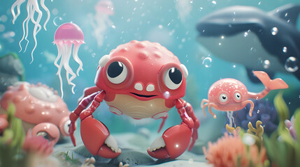Naklejka premium Fantasy scene of a whimsical underwater world with a diverse group of friendly monsters including a fish, octopus, squid, whale, and shark. They are playfully interacting with each other amidst a sea 