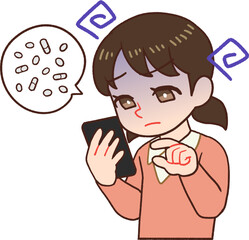 スマホを持ち画面を見て薬を調べる子供のイラスト