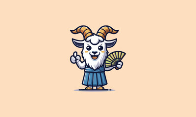 Fototapeta premium The goat character smiles broadly while holding a fan in his hand vector mascot design