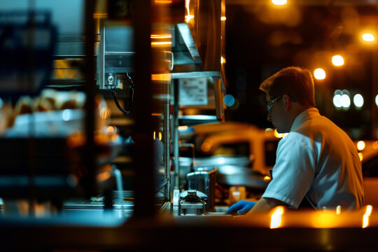 Fast food restaurant busy hours with customers and workers, waitress and customer service men and women attending customers with smile, serving food and taking orders at a busy time, people enjoying 