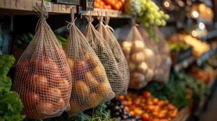 Organic cotton mesh produce bags, hanging in zerowaste store, more clarity with clear light and sharp focus , high detailed ,
