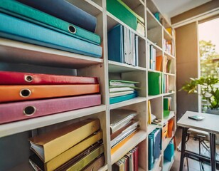 Fototapeta premium A wellorganized old bookshelf filled with vibrant, multicolored folders and books, with dark walls
