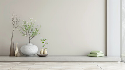 Zen interiors design composition with minimal furniture and ornaments. Residential property interiors with natural lighting and copyspace.