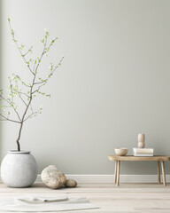 Zen interiors design composition with minimal furniture and ornaments. Residential property interiors with natural lighting and copyspace.