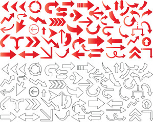 Arrow icon vector illustration, red and black arrows, navigation, direction symbols in various styles on white background