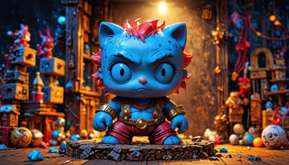Blue Cat Warrior Figurine with Red Hair and Golden Armor.