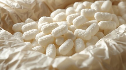 Biodegradable packaging peanuts, protecting fragile item in box, more clarity with clear light and sharp focus , high detailed ,