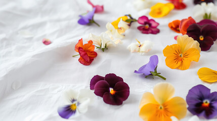 Artistic Edible Flowers Floating on White Tablecloth - Creative Food Concept for Advertisement, Catering, and Culinary Arts