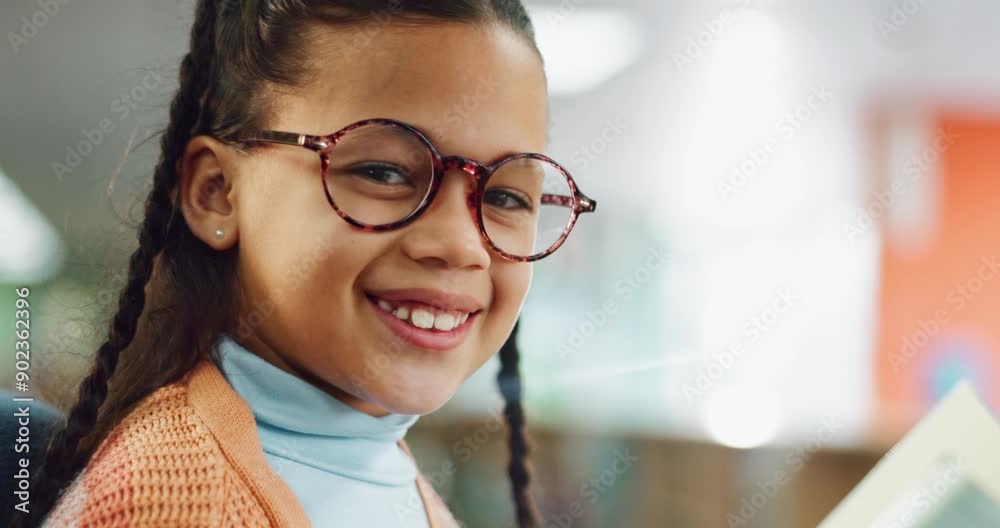 Poster child, face and library book with school reading, learning and development with literature. young gi