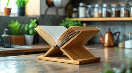 Ecofriendly bamboo book stand, holding open cookbook in kitchen,  more clarity with clear light and sharp focus , high detailed ,