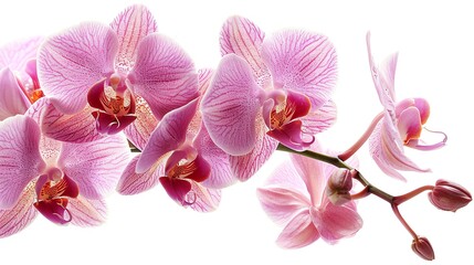 Close-up of delicate pink orchids with intricate details, isolated on white background.