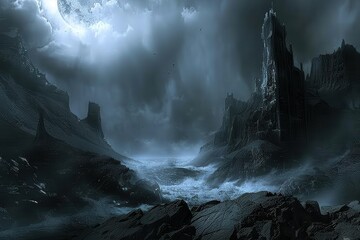 Dark castle towers over stormy sea under full moon
