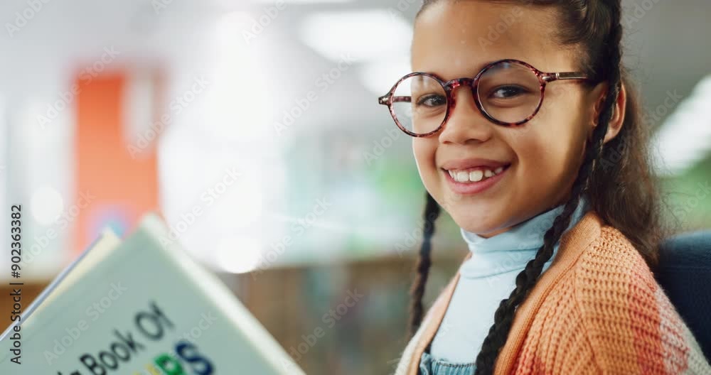 Poster child, reading and face with library book at school with learning and youth development with literat