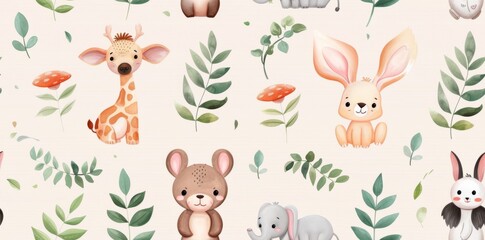 Naklejka premium Cute animals and whimsical creatures in a seamless cartoon pattern, rendered in watercolor style