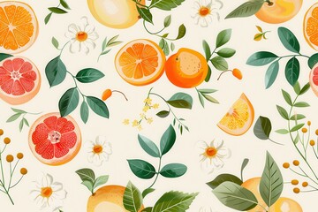 Fototapeta premium Illustration of Citrus Fruits, Flowers and Leaves