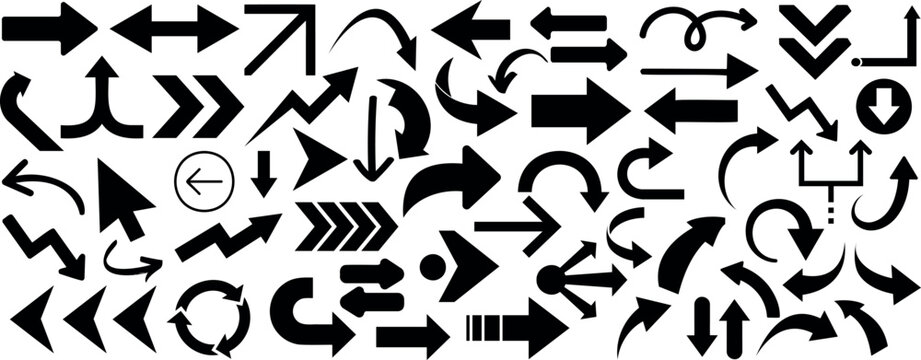 Arrow silhouette vector set, black directional icons, various arrows, abstract design, seamless pattern, navigation symbols, diverse arrow shapes