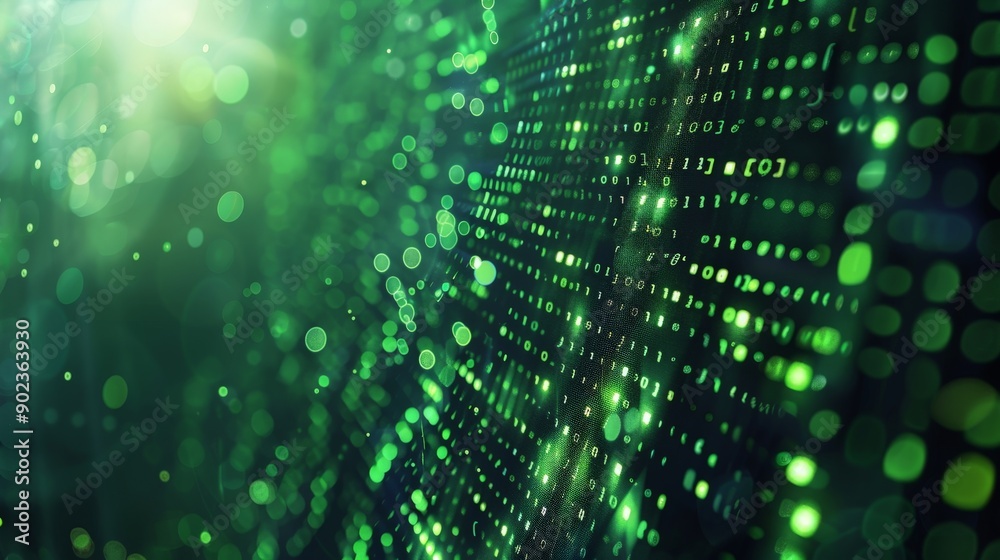 Wall mural digital matrix background with cascading green code and dark backdrop