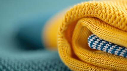 Detailed view of a yellow Brazilian soccer jersey, showcasing fabric texture and pattern on a sports shirt.