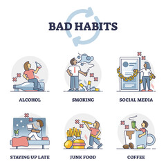 Bad habits with health danger as behavior addiction collection outline set, transparent background. Alcohol drinking, cigarettes smoking, social media before sleep.