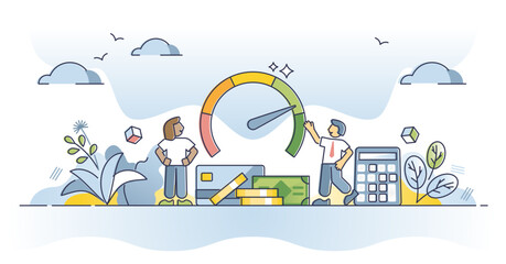 Credit report and financial reliability score for money loan outline concept, transparent background.Rating with economical information and payment performance for banks illustration.