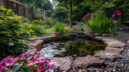 A serene garden pond surrounded by colorful flowers, creating a tranquil and picturesque outdoor scene.