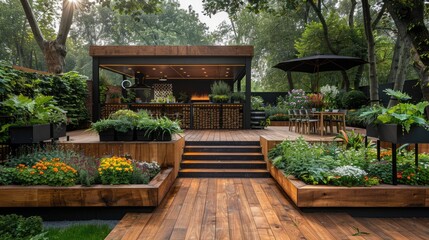 A contemporary backyard patio featuring a large dining table, black umbrellas, and an integrated grill set amid lush vegetation and wooden planter boxes.